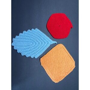 Handmade Crochet Knit Potholder Trivet Set Blue Leaf Red Hexagon Peach Square